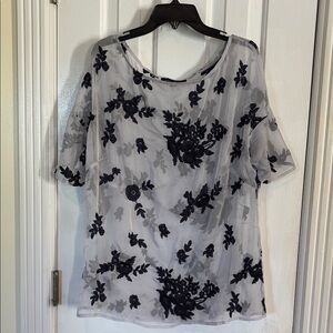 Banana Republic Sheer Top with Black Floral Embroidery